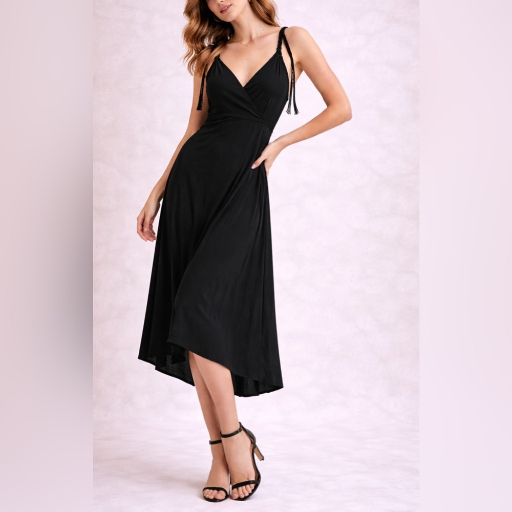 ✨ Bisou Bisou Black Elegant V Neck Dress Braided Straps Size 10 ✨